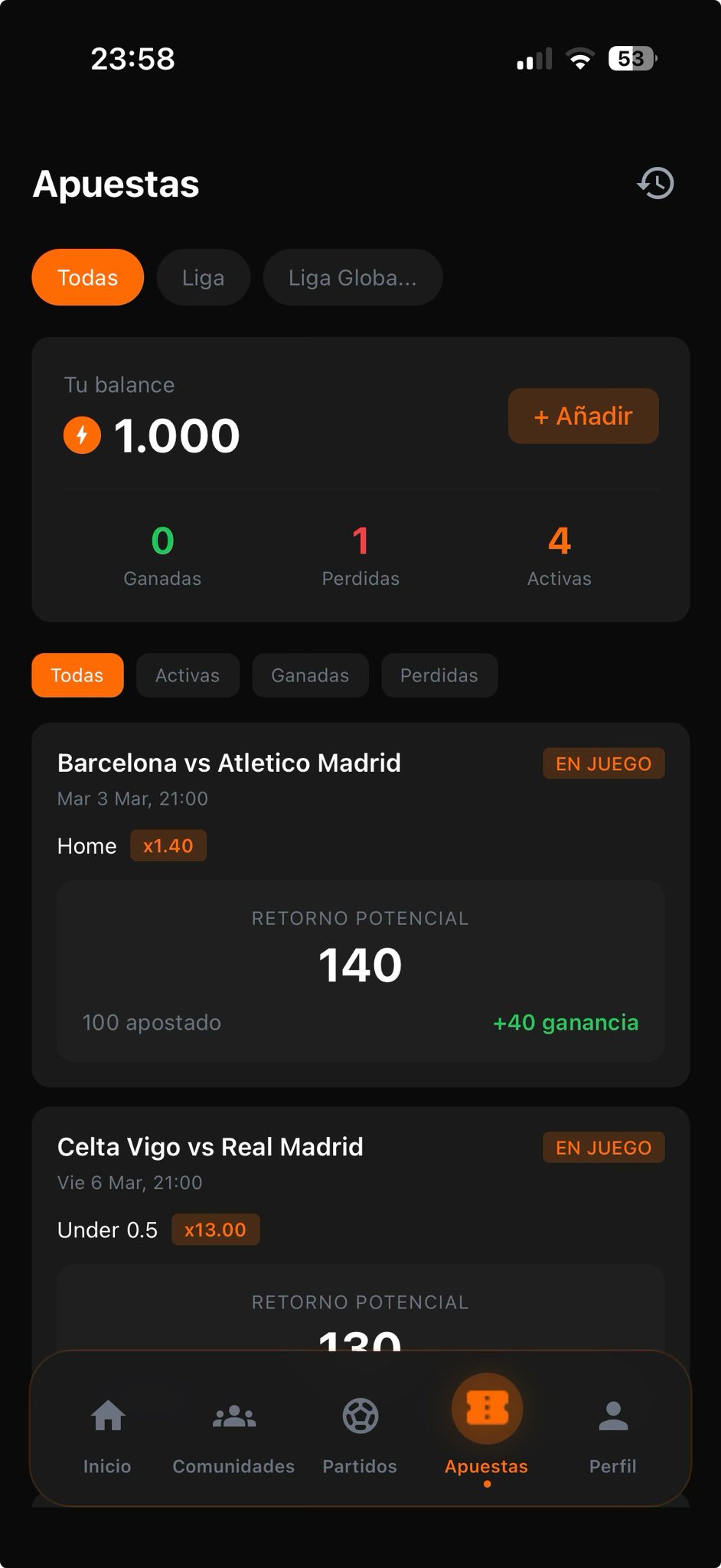 Vista de apuestas en SkillBet