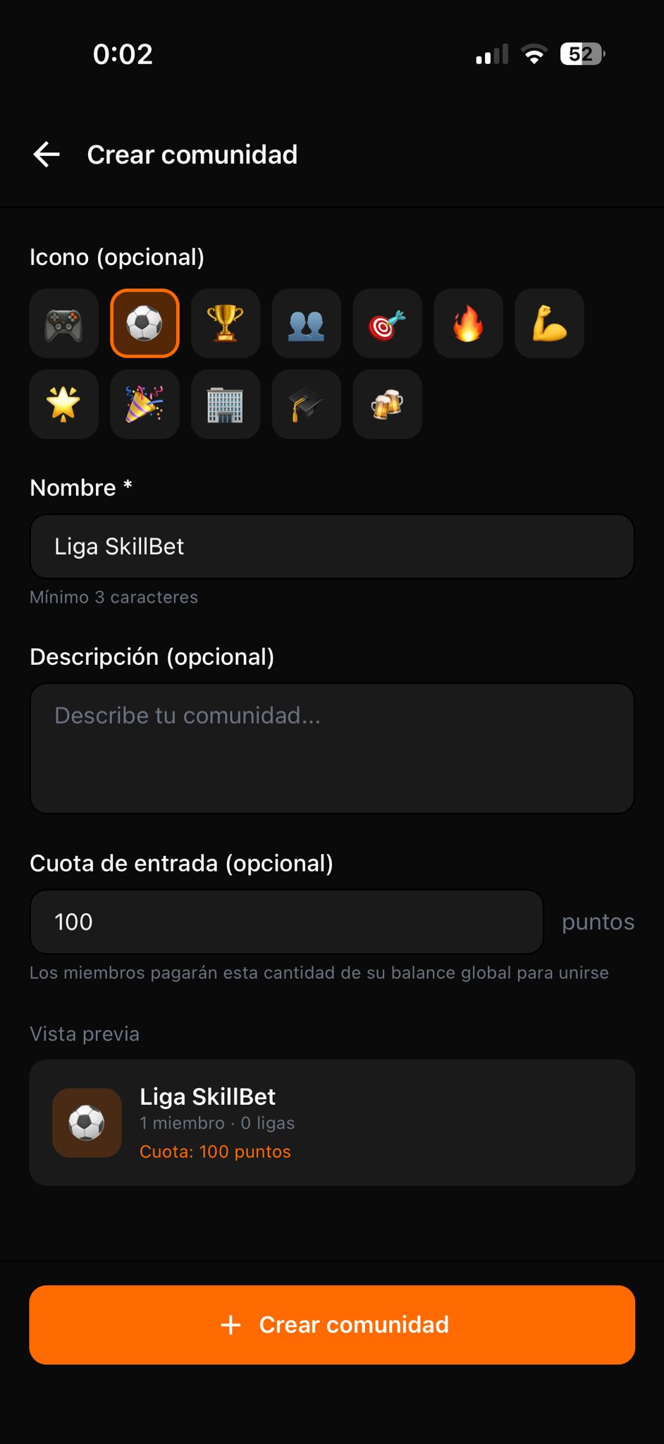 Crear comunidad en SkillBet