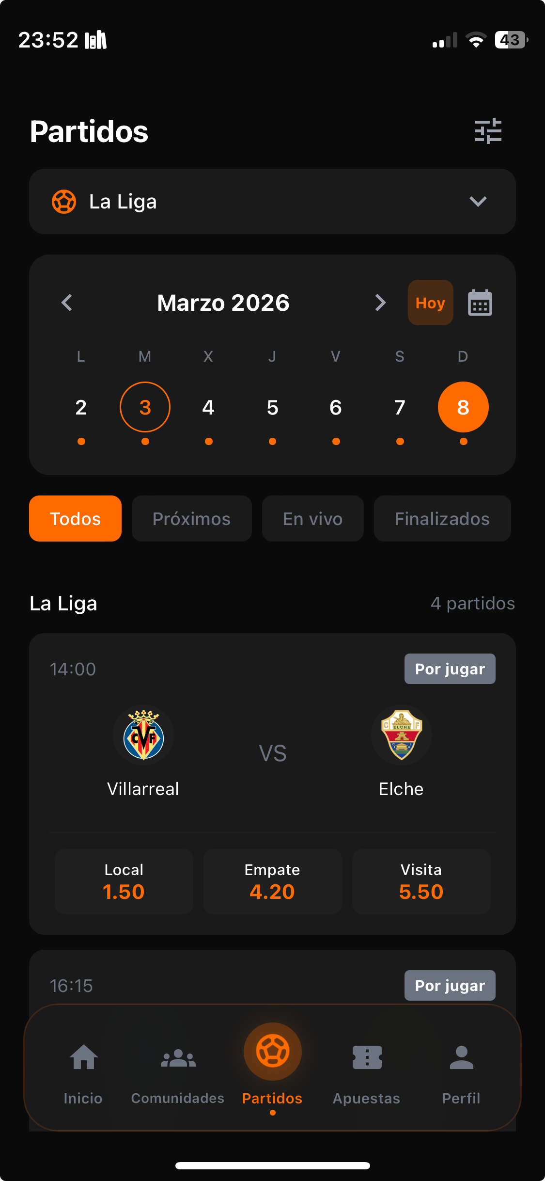Vista de partidos en SkillBet